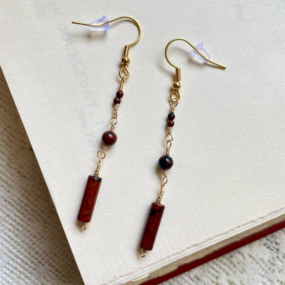 Handmade boho dainty mahogany obsidian dangle earrings